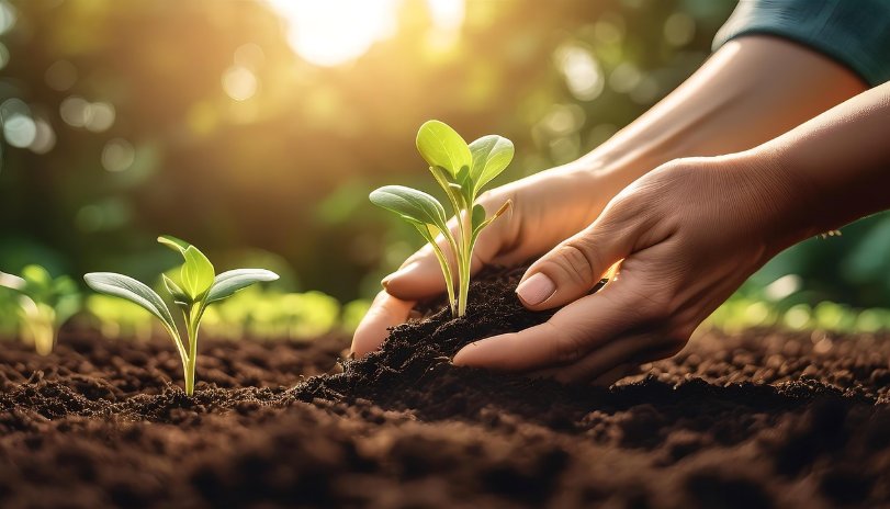 Две ръце, засаждащи растение в почвата
